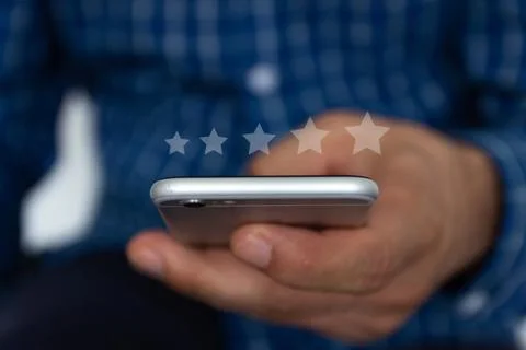 Customer service, performance analysis. A man hand using smart phone with ico Stock Illustration