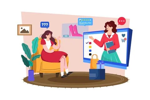 Customer service representative assisting customers with product inquiries .. Stock Illustration