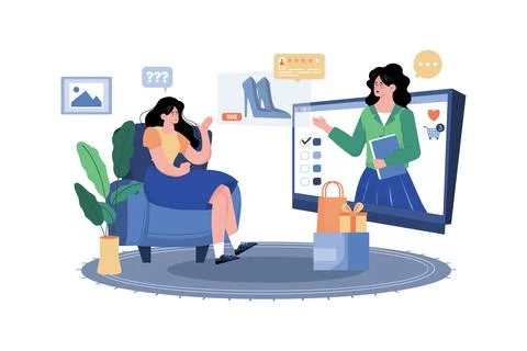 Customer service representative assisting customers with product inquiries .. Stock Illustration