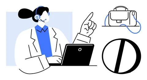 Customer Service Representative Using Laptop with Headset and Briefcase Ill.. Illustrazione stock