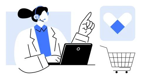 Customer service representative wearing a headset seated at a desk with a lap Stock Illustration