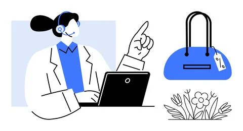 Customer service representative wearing a headset, using a laptop, and pointi Stock Illustration