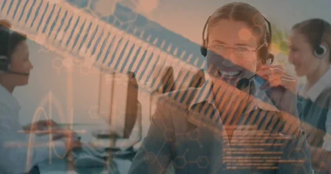 Customer service representatives smiling with digital data processing overlay Stock Footage 330288254