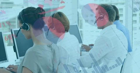 Customer service team using headsets and computers, analyzing digital data Stock Illustration