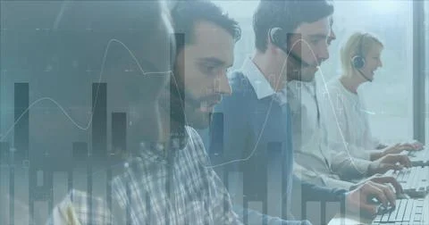 Customer service team using headsets and computers, analyzing digital data Stock Illustration