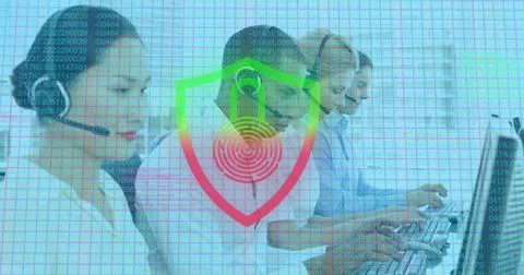 Customer service team using headsets and computers, focusing on digital security Illustrazione stock