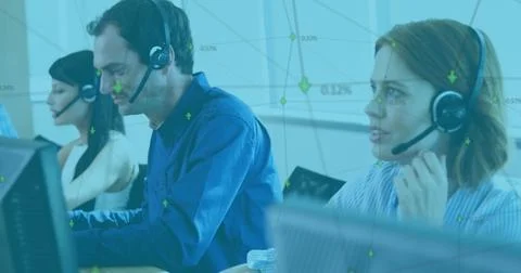 Customer service team using headsets and computers, collaborating in modern イラスト素材