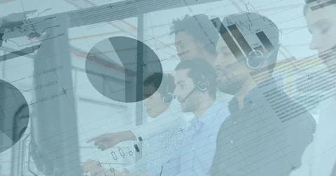 Customer service team using headsets and digital interfaces in modern office Stock Illustration