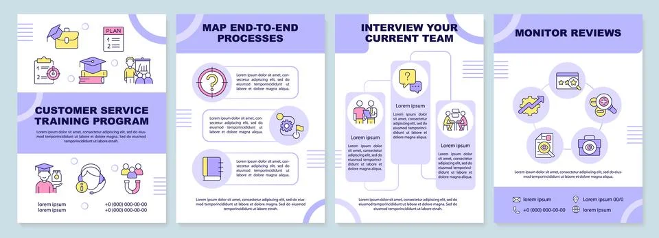 Customer service training program purple brochure template Stock Illustration