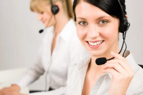 Customer service woman call center phone headset Stock Photos
