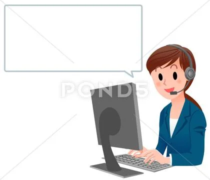 Customer service woman in suit at computer with speech bubble Stock Illustration