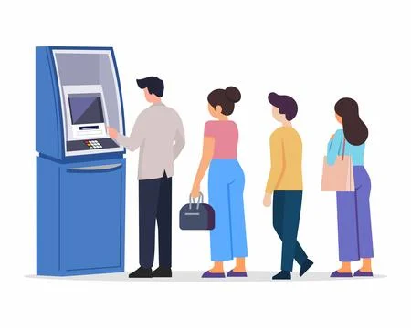 Customer standing in line or queue near ATM Machine and withdrawal cash Stock Illustration