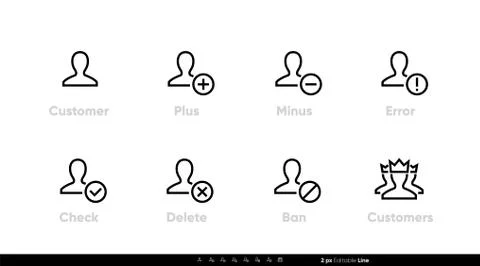 Customer Status check, plus, minus, error add, delete, icons set. Editable Stock-Illustration