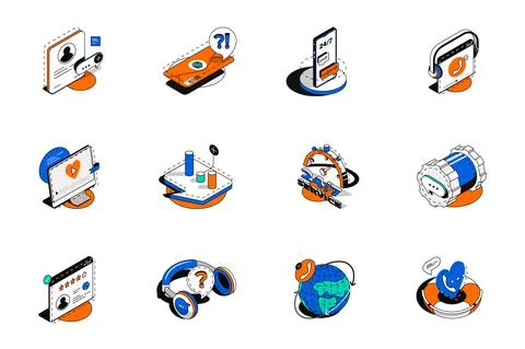 Customer support 3d isometric icons set. Pack elements of online communication 스톡 일러스트