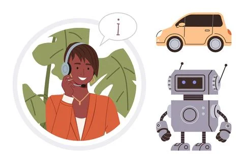 Customer support agent assisting with AI and automation, surrounded by robotic Stock Illustration