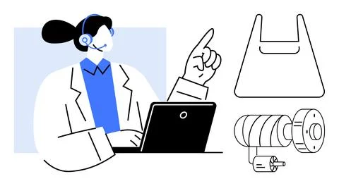 Customer Support Agent with Laptop and Technological Icons Highlighting Ser.. Stock Illustration
