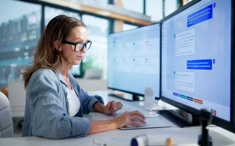 Customer Support Agent Uses Intelligent Chatbot Software To Assist Clients On 写真素材