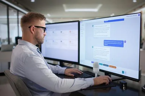 Customer Support Agent Uses Intelligent Chatbot Software On Desktop Computer. Stock Photos
