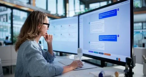 Customer Support Agent Using AI Chatbot Software To Help Clients Remotely. Photos