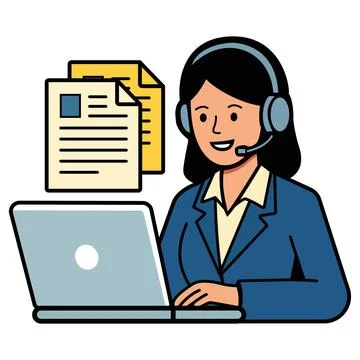 Customer Support Agent Working on Laptop with Headset Vector Illustration Stock Illustration