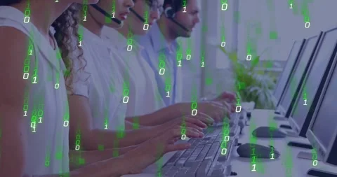 Customer support agents typing, speaking, system initializing green code rain Stockbeeldmateriaal 318238000