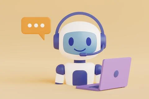 Customer Support And Artificial Intelligence. Cute Chatbot With Headset Wor.. Stock Illustration