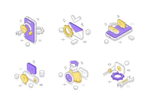 Customer support and technical service icons. Modern isometric vector illustr Stock Illustration