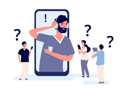 Customer support app. Professionals help client with smartphone. Telemarketing Illustrazione stock