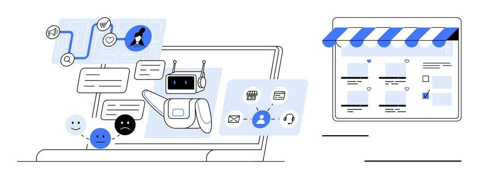 Customer support automation, e-commerce platforms, online shopping, artificia Illustrazione stock