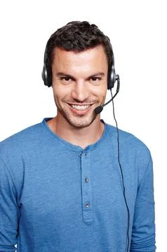Customer support communication, studio portrait and man talk on contact us CRM Photos