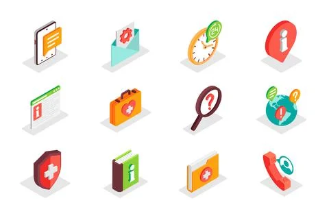 Customer support concept 3d isometric icons set. Bundle elements of help center Stock Illustration