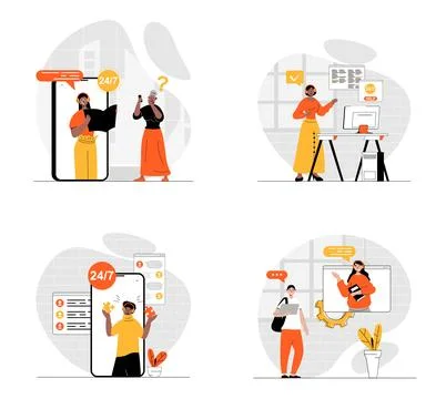 Customer support concept with character set. Collection of scenes people in h 스톡 일러스트