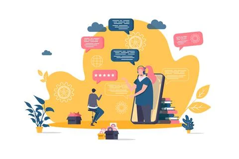Customer support concept in flat style. Client talking with support operator Stock Illustration