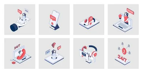 Customer support concept of isometric icons in 3d isometry design for web. On Stock Illustration