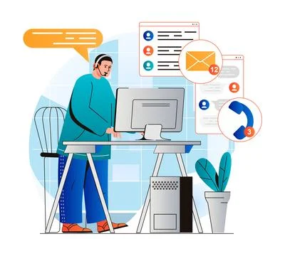 Customer support concept in modern flat design. Operator works at computer Stock Illustration