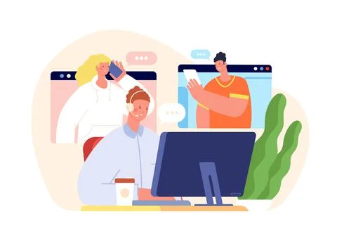 Customer support concept. Office help services, virtual computer operator Illustrazione stock