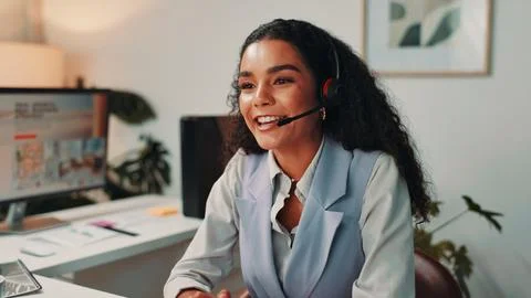 Customer support, creative and business woman in office for virtual meeting Stock Photos