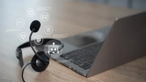 Customer support headset on desk with laptop and online chat interface, hel.. 写真素材