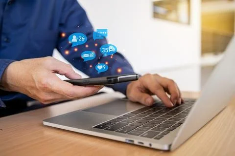 Customer support hotline Contact us people connection. Businessman using a .. Stock Photos