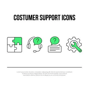 Customer support icons set including puzzle pieces, headset with question m.. Stock Illustration