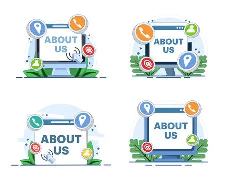 Customer support illustration set featuring About Us, Contact Us, help desk. Illustration