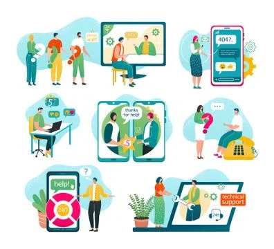 Customer support isolated on white vector illustrations set. Service, male Stock Illustration