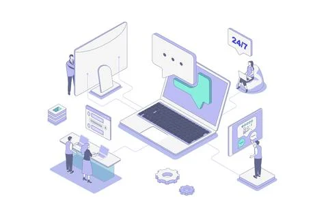 Customer support isometric concept in outline isometry design for web. Peop.. Stock Illustration