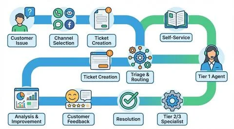 Customer support journey channel selection ticket creation resolution analysi Stock Illustration