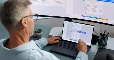 Customer Support Manager Guiding Clients Through AI Chatbot Software On Lapto Stock Photos
