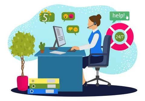 Customer support online service, vector illustration. Operator woman character Illustrazione stock
