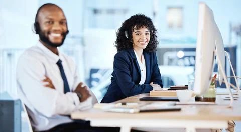Customer support portrait, computer consulting or team telemarketing on contact Stock Photos