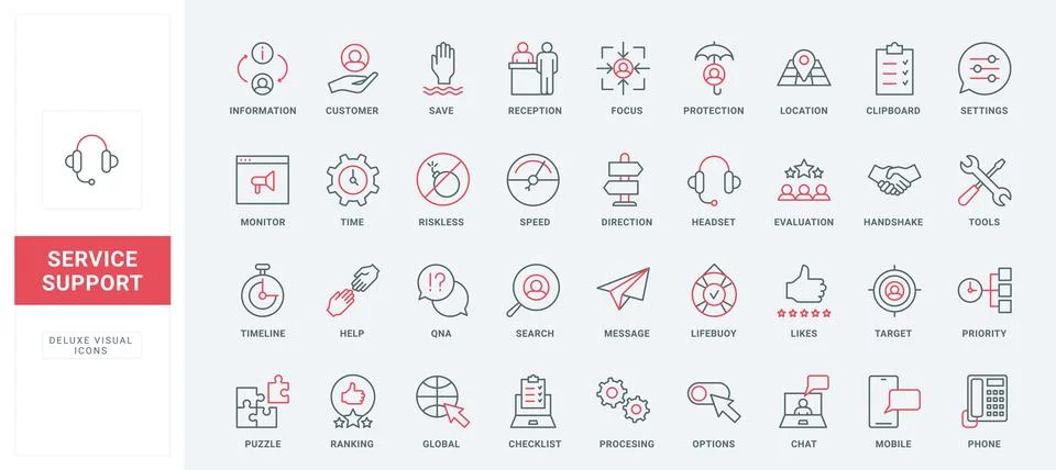 Customer support, processing user message and help in call center line icons set 스톡 일러스트
