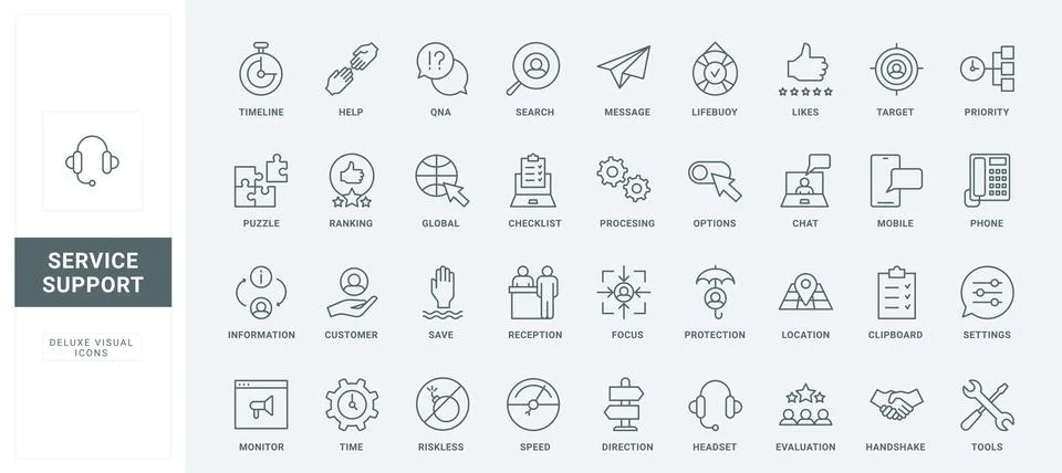Customer support, processing user message and help in call center line icons set Illustrazione stock