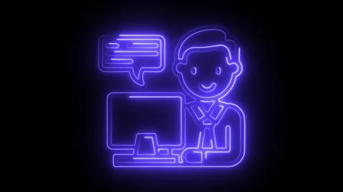 Customer support representative with laptop neon style animated icon on bla.. Video stock 309913736